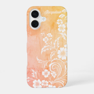 Coque iPhone 16 Délicate Pêche & Fleurs Blanches