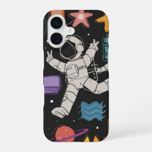 Coque iPhone 16 Doodle de fusée spatiale d'astronaute