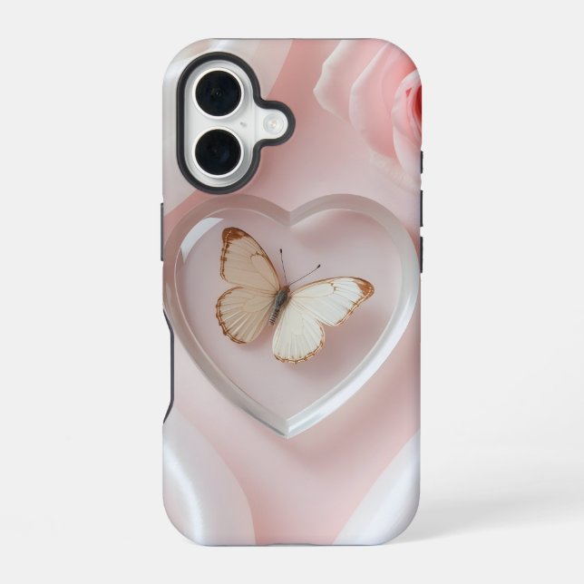 Coque iPhone 16 Élégant Coque mobile de coeur papillon (Verso)