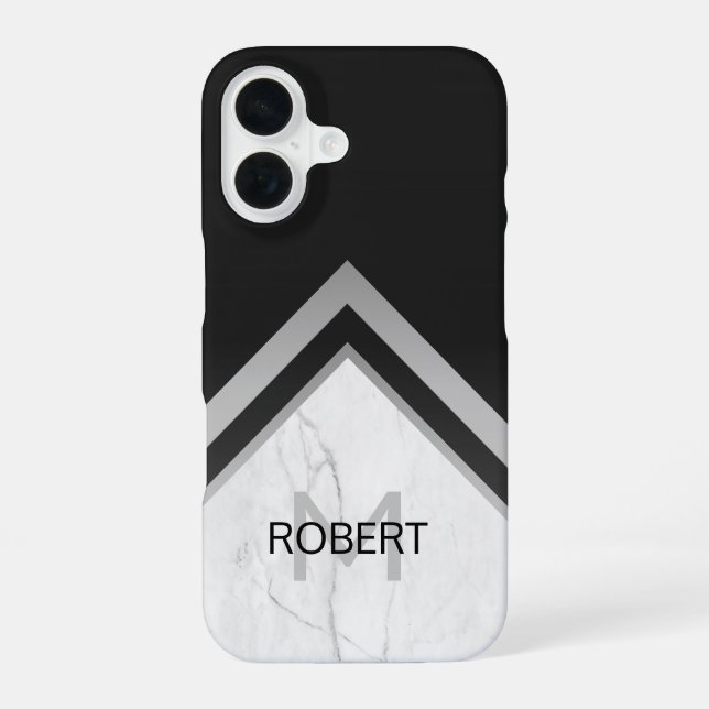Coque iPhone 16 Élégant marbre d'argent noir géométrique monogramm (Verso)