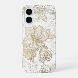 Coque iPhone 16 Elégant moderne blanc gris or marbre floral