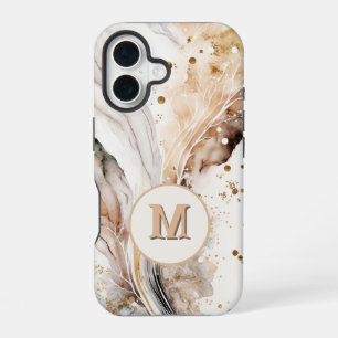 Coque iPhone 16 Élégant Monogramme Marbre Brun Or Design Abstrait
