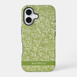 Coque iPhone 16 Élégant nom personnalisé Green Botanical