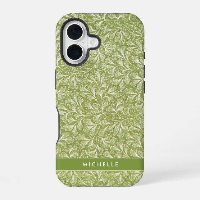Coque iPhone 16 Élégant nom personnalisé Green Botanical (Verso)
