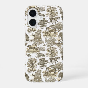 Coque iPhone 16 Elégant Vintage Beige Blanc Chevaux Toile Motif