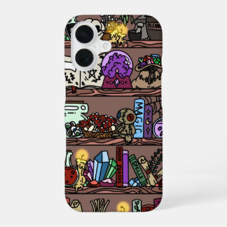 Coque iPhone 16 Étagère de livres douillette et sorcière encombrée