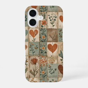 Coque iPhone 16 Étui de téléphone à motif patchwork vintage Heart