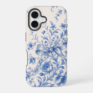 Coque iPhone 16 Étui de téléphone à ruban toile fleuri bleu blanc