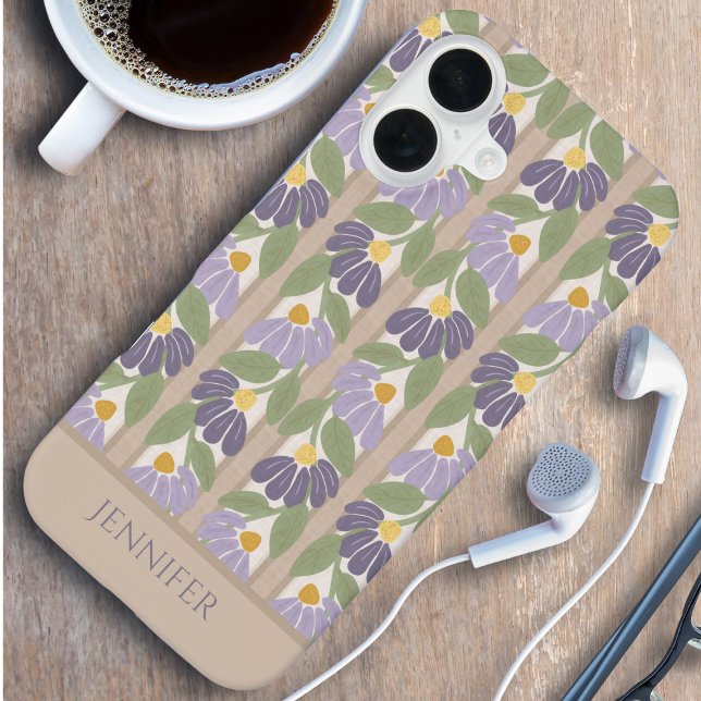 Coque iPhone 16 Étui de téléphone personnalisé avec nom et fleurs  (Vertical Floral Personalized Phone Case – Custom Name Design in Soft Pastels)
