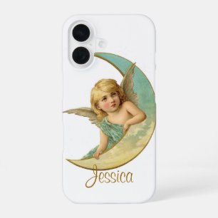 Coque iPhone 16 Étui iPhone Ange Vintage et Lune Ajoutez Votre Nom