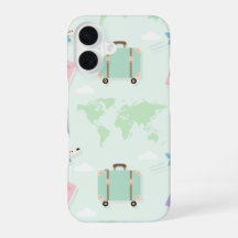 Étui iPhone vert pastel avec gribouillis de voyage