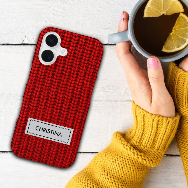 Coque iPhone 16 Faux Sweater Knit Custom Name Phone Case (Créateur téléchargé)