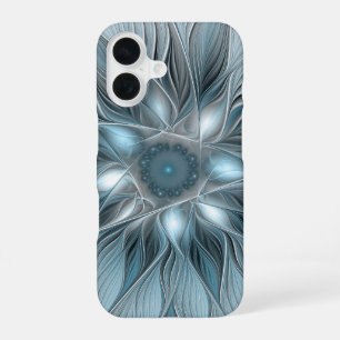 Coque iPhone 16 Fleur Joyeuse Abstrait gris bleu floral Fractal