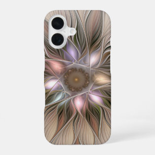 Coque iPhone 16 Fleur joyeuse abstraite beige marron floral fracta