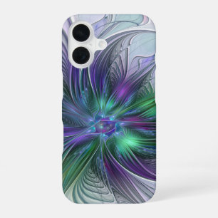 Coque iPhone 16 Fleur vert violet Art Abstrait moderne Fractal