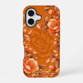Coque iPhone 16 Fleurs de Camélia Orange Élégantes Personnalisées