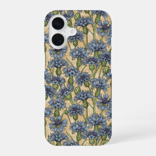 Coque iPhone 16 Fleurs de maïs bleues, fleurs sauvages sur le jaun