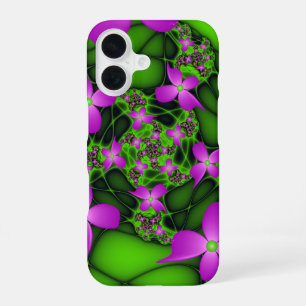 Coque iPhone 16 Fleurs fractales Abstraites de néon rose vert