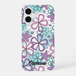 Coque iPhone 16 Fleurs Gribouillées - Fleurs Doodle avec Étoiles e