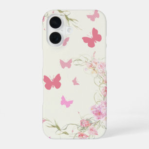 Coque iPhone 16 Fleurs roses, papillons, fond rose pâle