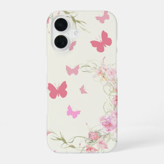 Coque iPhone 16 Fleurs roses, papillons, fond rose pâle