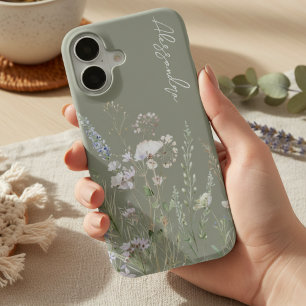 Coque iPhone 16 Fleurs sauvages aquarelles vert sauge bohème