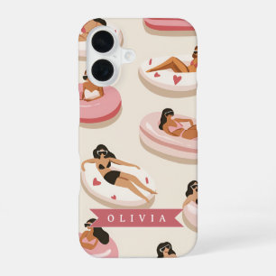 Coque iPhone 16 Flotteur de piscine rose mignon personnalisé esthé