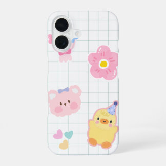 Coque iPhone 16 Fluffy Friends - Canard, Ours & Fleurs
