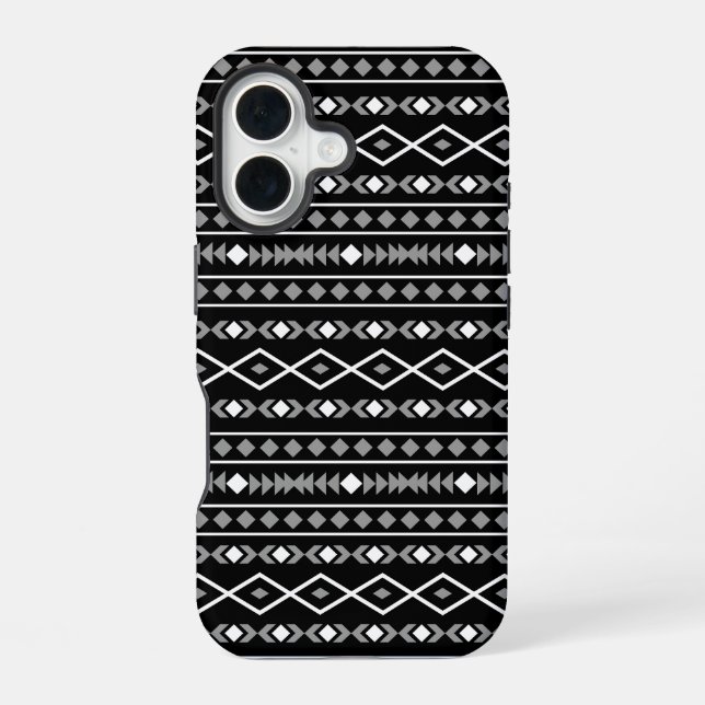 Coque iPhone 16 Formes aztèques Motif blanc gris noir (Verso)