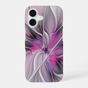 Coque iPhone 16 Fractal Floral Moderne Abstrait Fleur Rose Gris