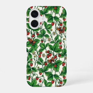 Coque iPhone 16 Fraises sauvages sur fond blanc cassé