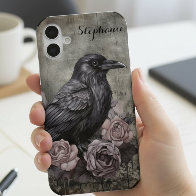 Coque iPhone 16 Gothic Raven with Roses Dark (Gothic black raven phone case)