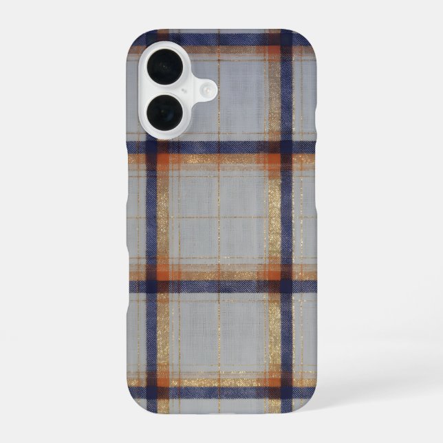 Coque iPhone 16 Gray and Navy Plaid with Gold Accent (Verso)