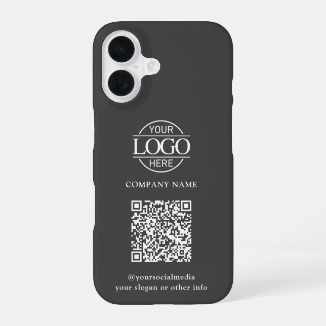 Coque iPhone 16 Gray Modern Business Logo & QR Code Promotional (Verso)