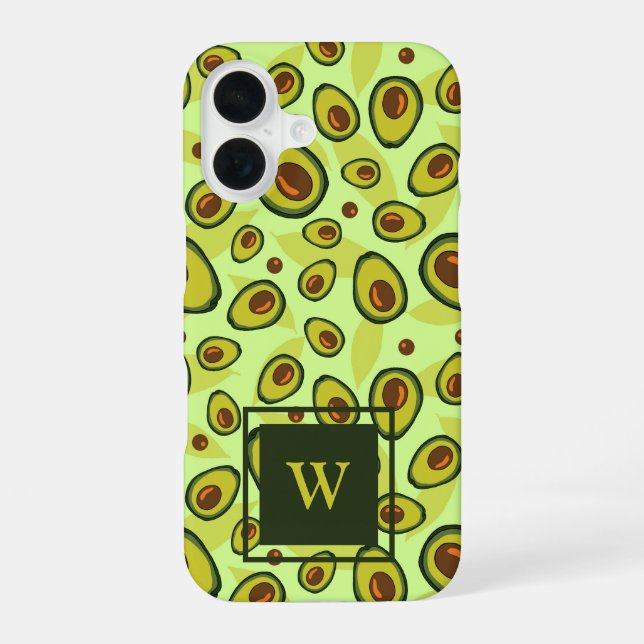 Coque iPhone 16 Green Avocado Fruit Pattern Monogram (Verso)