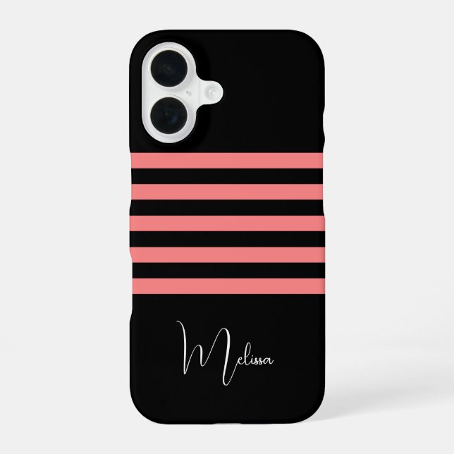 Coque iPhone 16 Grille rose noire moderne Monogramme (Verso)