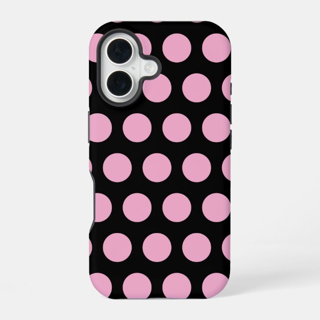 Coque iPhone 16 Gros Pois roses sur noir (Verso)
