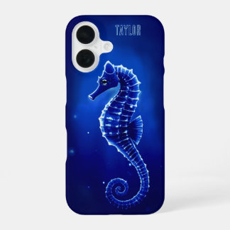 Coque iPhone 16 Hippocampe bleu néon personnalisé       