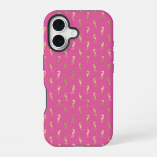 Coque iPhone 16 Hippocampe rose et or à motif répétitif