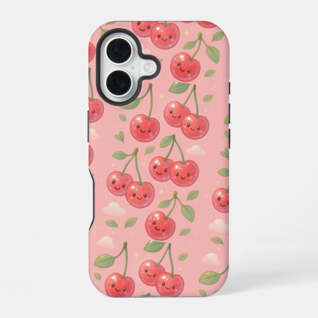 Coque iPhone 16 Illustration joyeuse de Kawaii Cherry Motif (Verso)