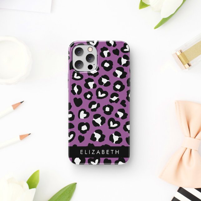 Coque iPhone 16 Impression d'animal, Léopard Violet, Cœurs, Votre  (Créateur téléchargé)