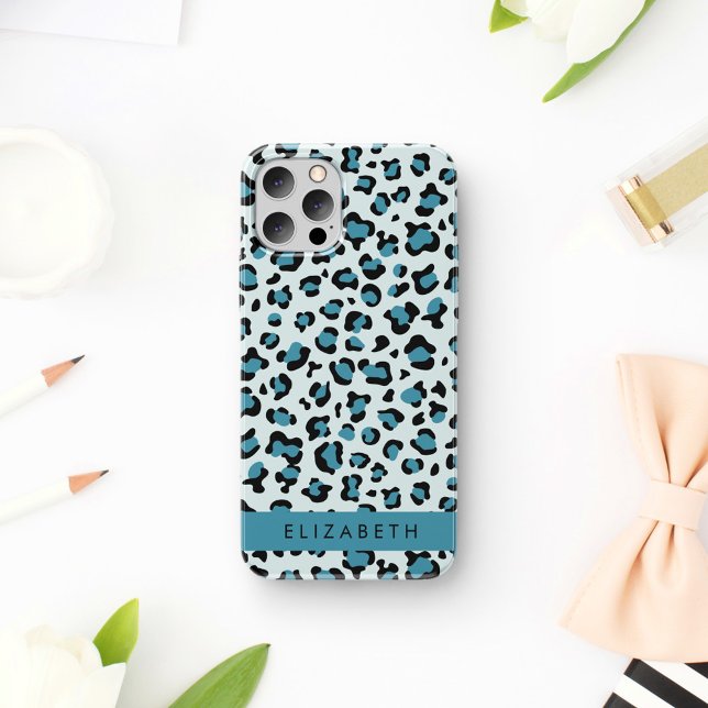 Coque iPhone 16 Impression léopard, Taches, Léopard Bleu, Votre No (Créateur téléchargé)