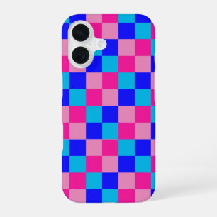 Coque iPhone 16 Imprimé à carreaux rose et bleu