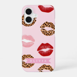 Coque iPhone 16 Imprimé léopard rose chic personnalisé sur les lèv