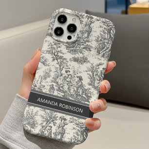 Coque iPhone 16 Imprimé toile de jouy noir et blanc vintage