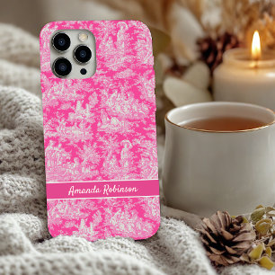 Coque iPhone 16 Imprimé toile de jouy rose vif vintage