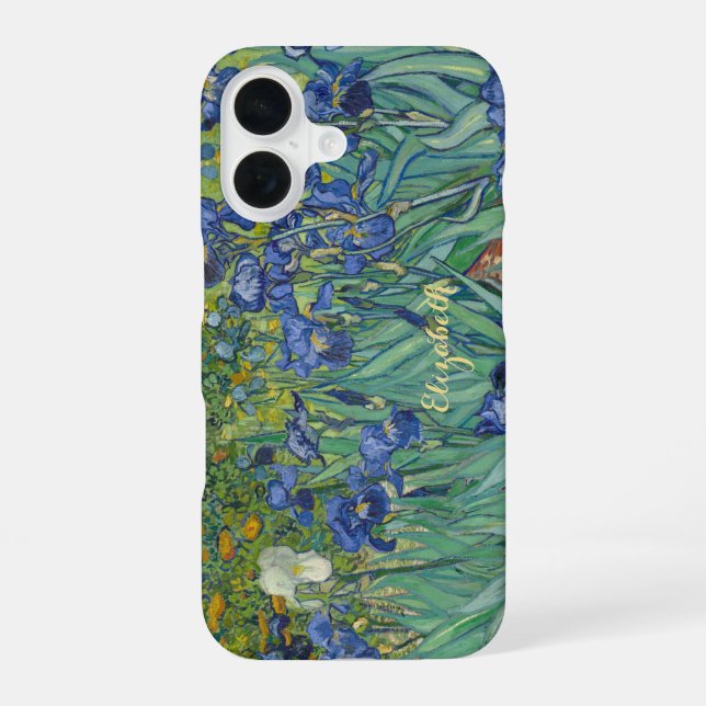 Coque iPhone 16 Irises Fleurs Van Gogh Floral Art Monogrammé (Verso)