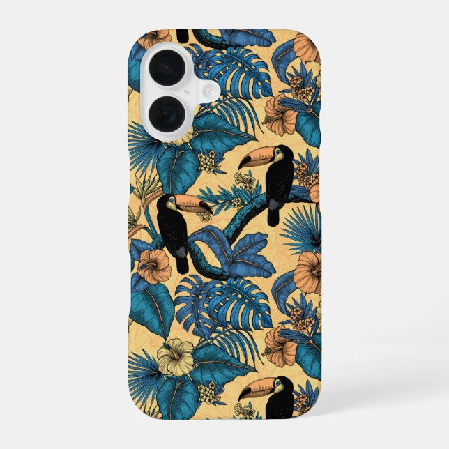 Coque iPhone 16 Jardin toucan en jaune et bleu (Verso)