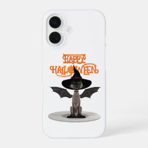 Coque iPhone 16 Joyeux Halloween. Chat avec des ailes et un chapea