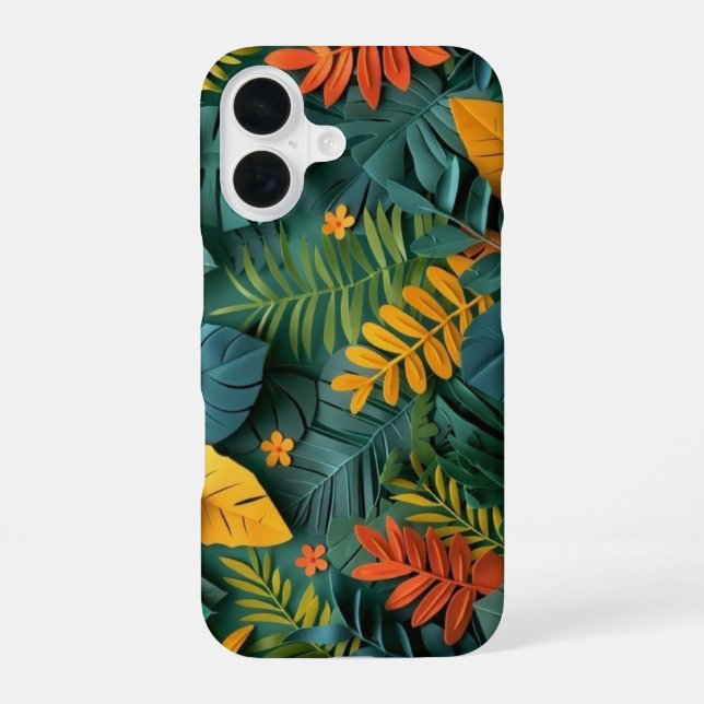 Coque iPhone 16 Jungle tropicale coupée en papier vert profond et  (Verso)
